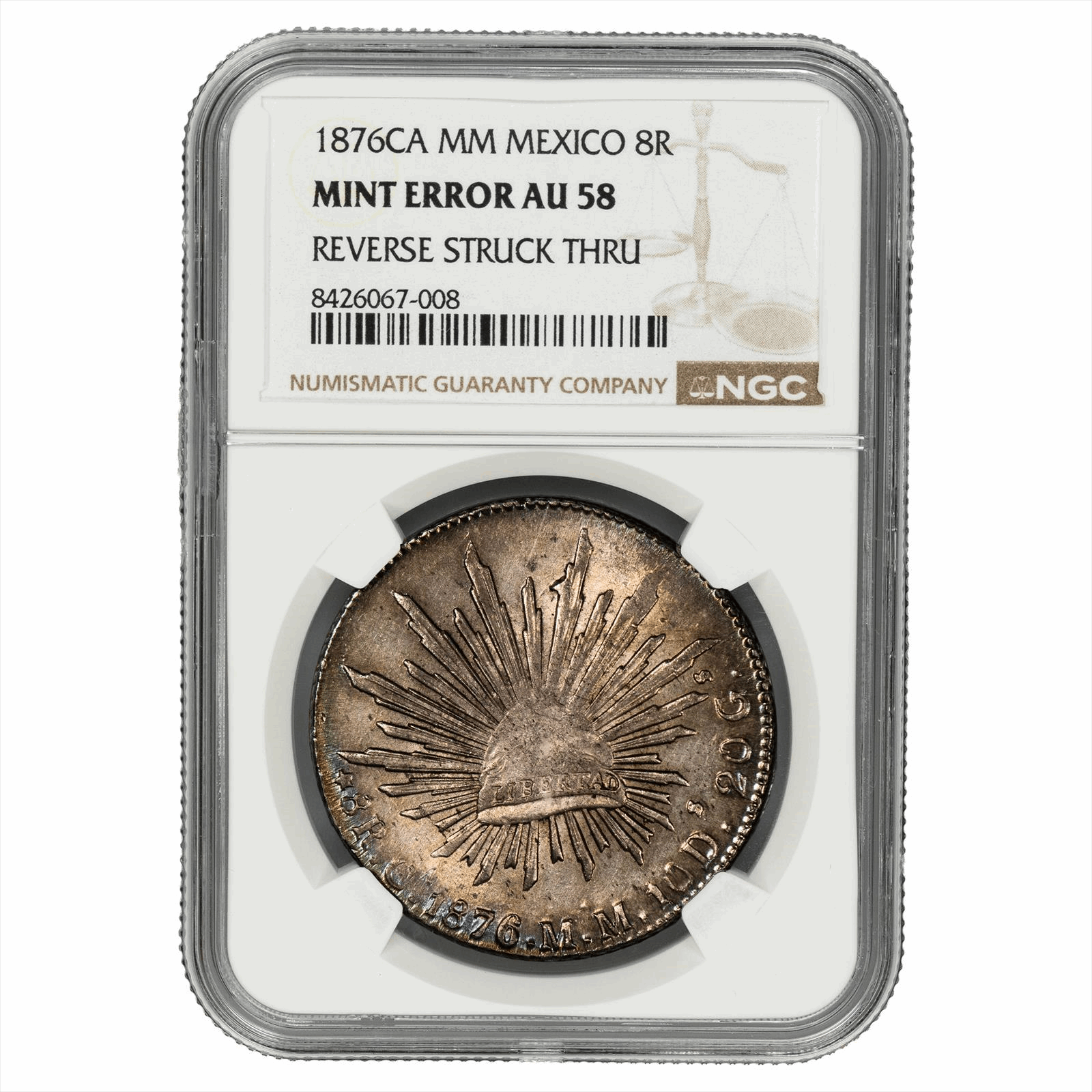 1876CA MM Mexcio 8R Mint Error Rev Struck Thru NGC AU 58