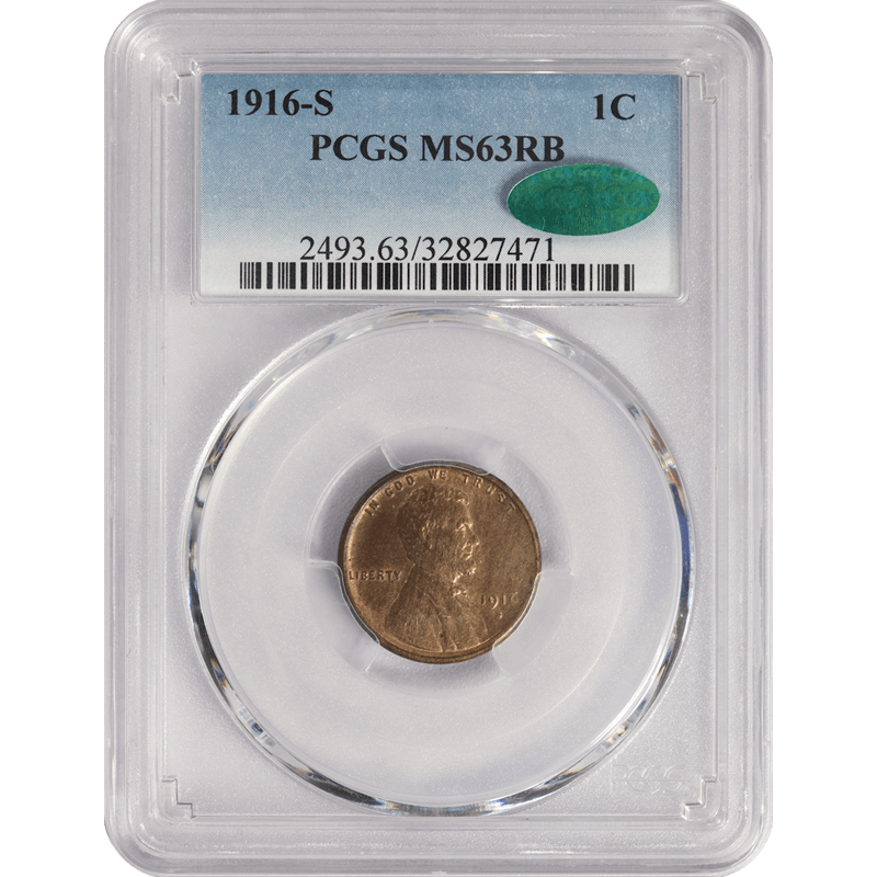 1916-S Lincoln Cent 1c, PCGS MS-63 RB CAC- Nice Color