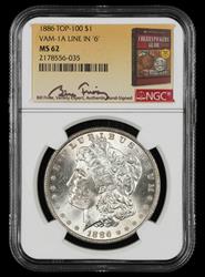 1886 $1 VAM-1A Line in 6 Top 100 Bill Fivaz Signature Label NGC MS 62