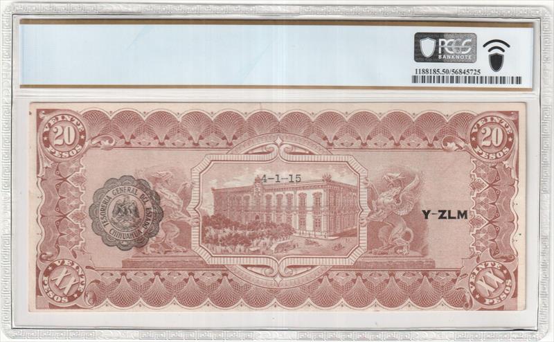 1915 20 Pesos Mexico-Revolutionary Chihuahua Pick # S537b M926f AU 50