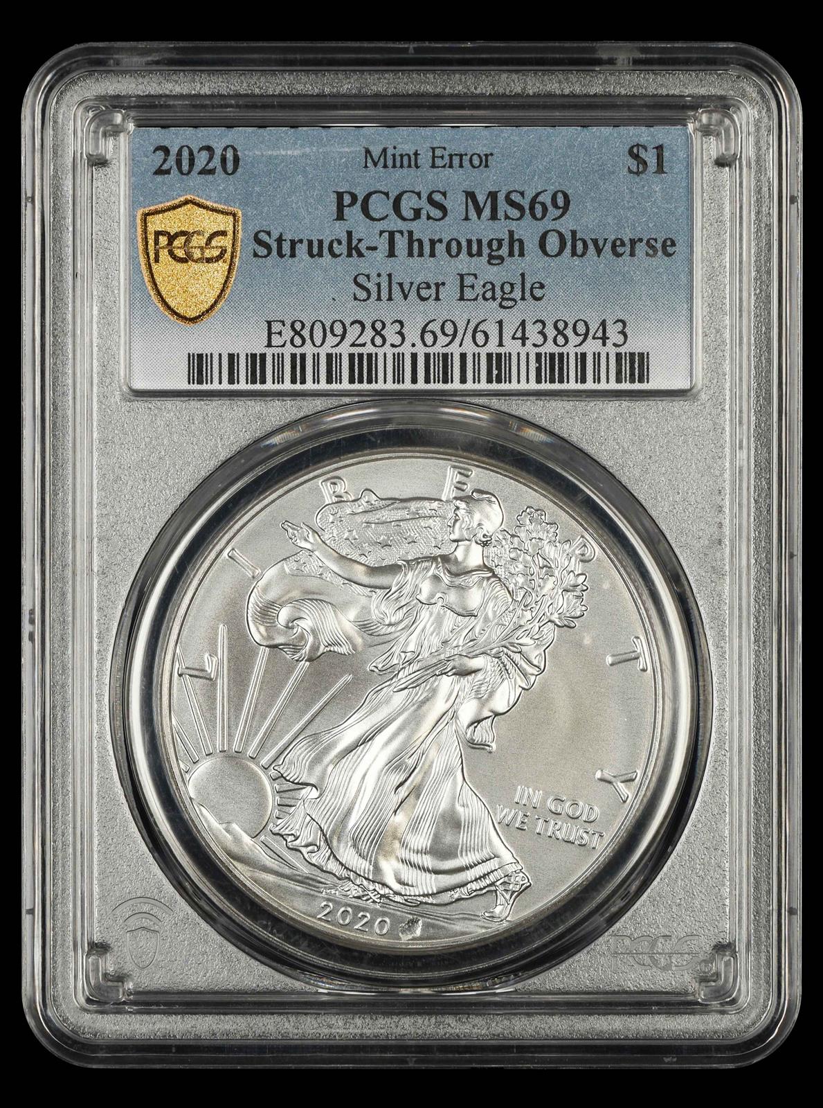 2020 $1 ASE Mint Error Struck Through Obverse PCGS MS69