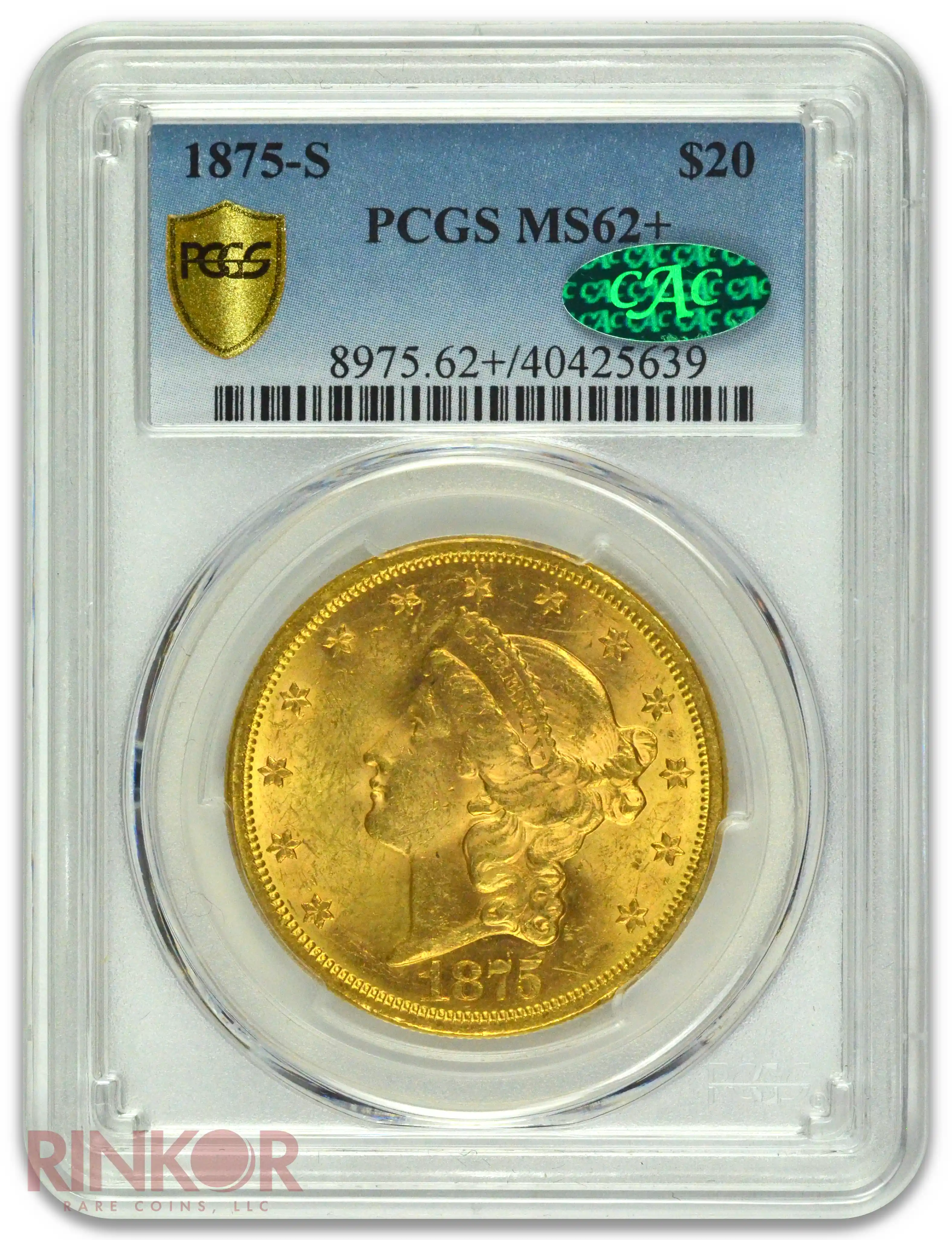 1875-S $20 Liberty PCGS MS 62+ CAC