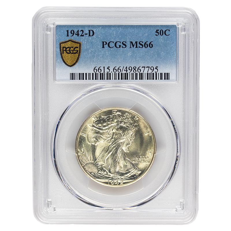 1942-D Walking Liberty Half Dollar 50c, PCGS MS66 - Nice White Coin