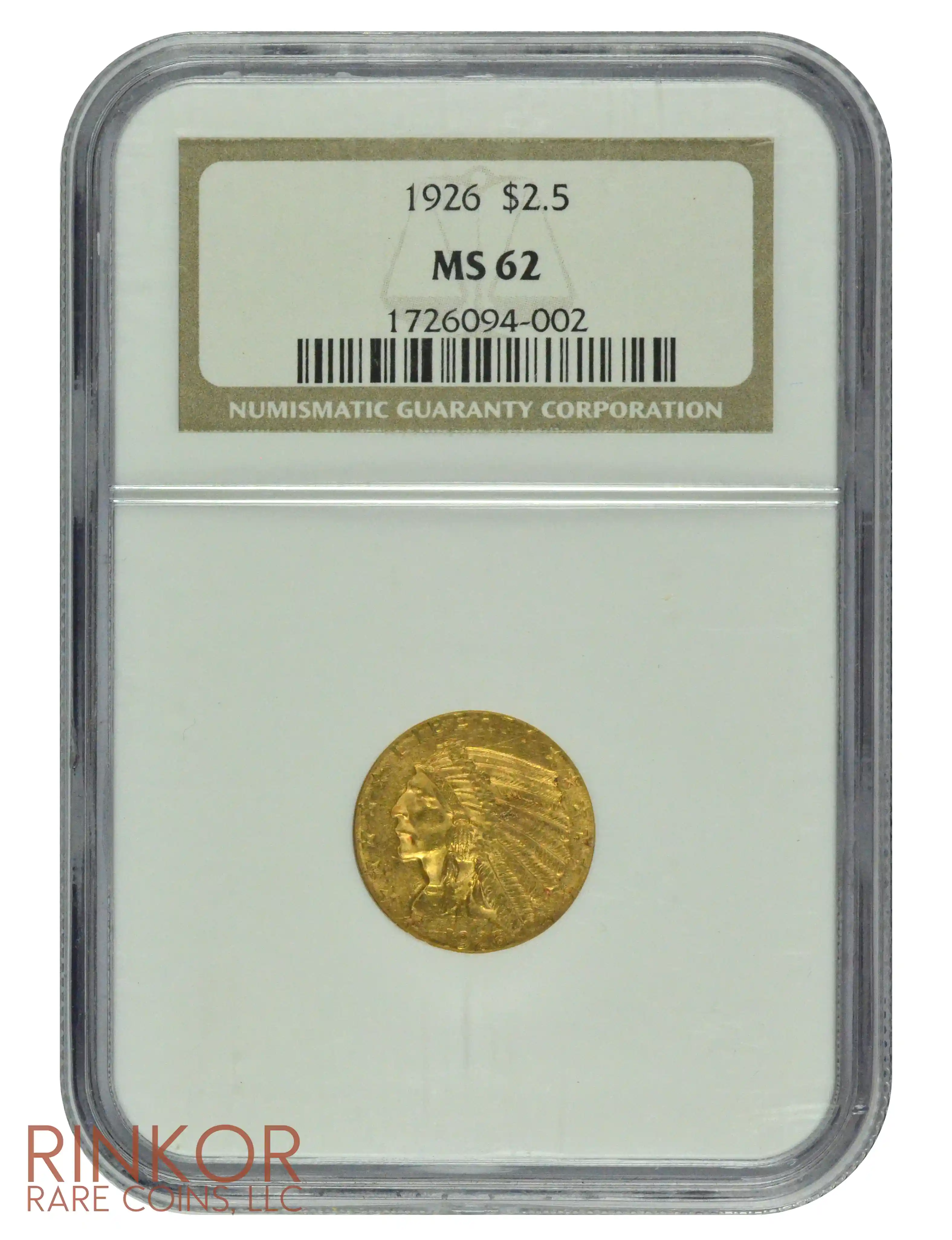 1926 $2.50 Indian Head NGC MS 62 