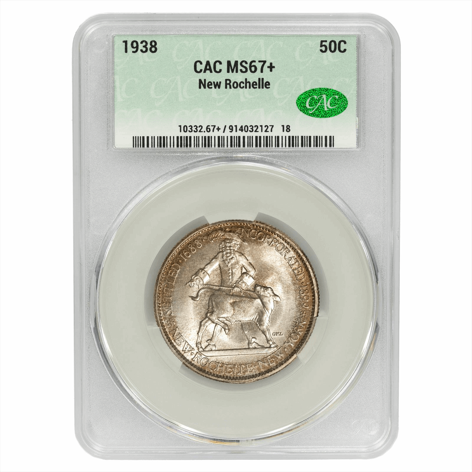 1938 New Rochelle Commemorative Half Dollar 50C CACG MS 67+ CAC