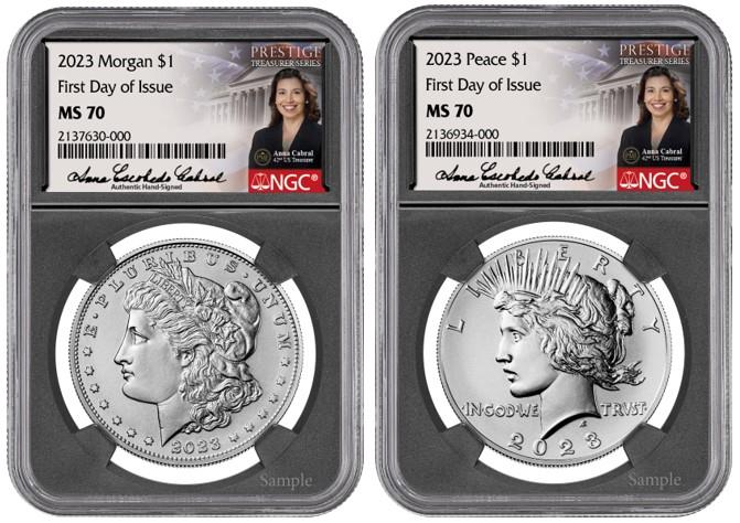 2023 $1 Morgan & Peace Silver Dollar Set, FDI, MS70, NGC, Anna Cabral