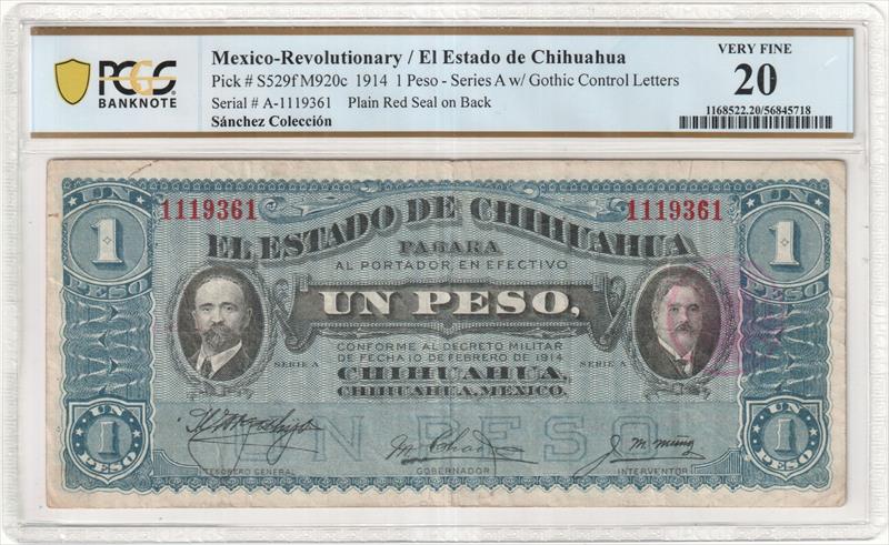 1914 1 Peso Mexico-Revolutionary Chihuahua Pick # S529f M920c VF 20