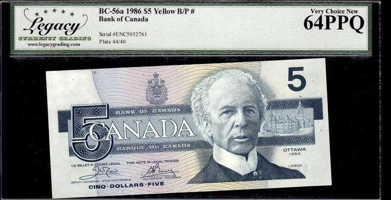 1986 $5 BC-56a Yellow B/P# Bank of Canada Very Choice New 64PPQ 