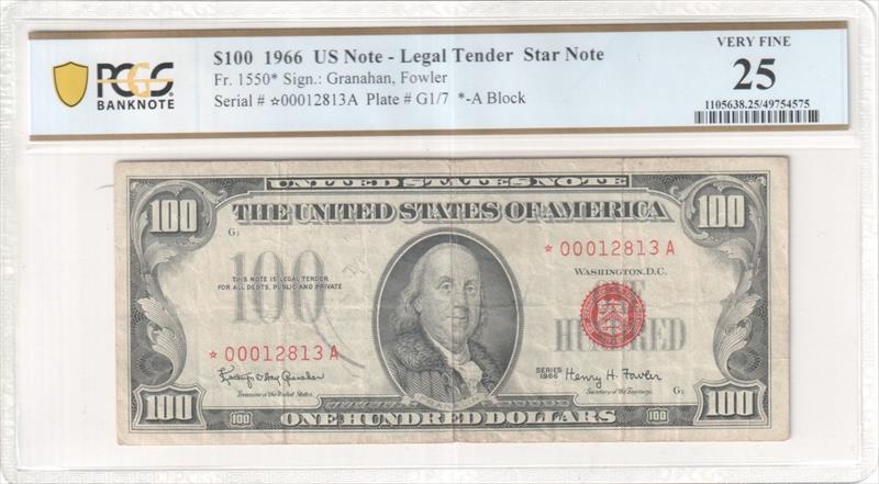 Fr. 1550* 1966 $100 US Note - Legal Tender Star Note PCGS VF25 