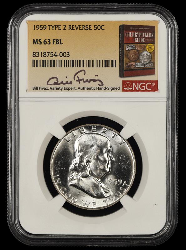 1959 P T2 Reverse Franklin Half Dollar FBL Bill Fivaz Signature Label NGC MS 63