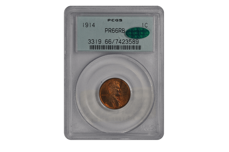 1914 1C Lincoln Cent - Type 1 Wheat Reverse PCGS RB (CAC) #3532-4 PR66