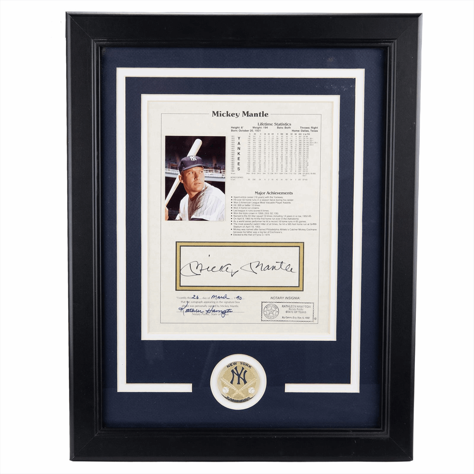 Mickey Mantle Signed Stat Sheet History of the Game Certified (JSA Dealer) and Notarized 