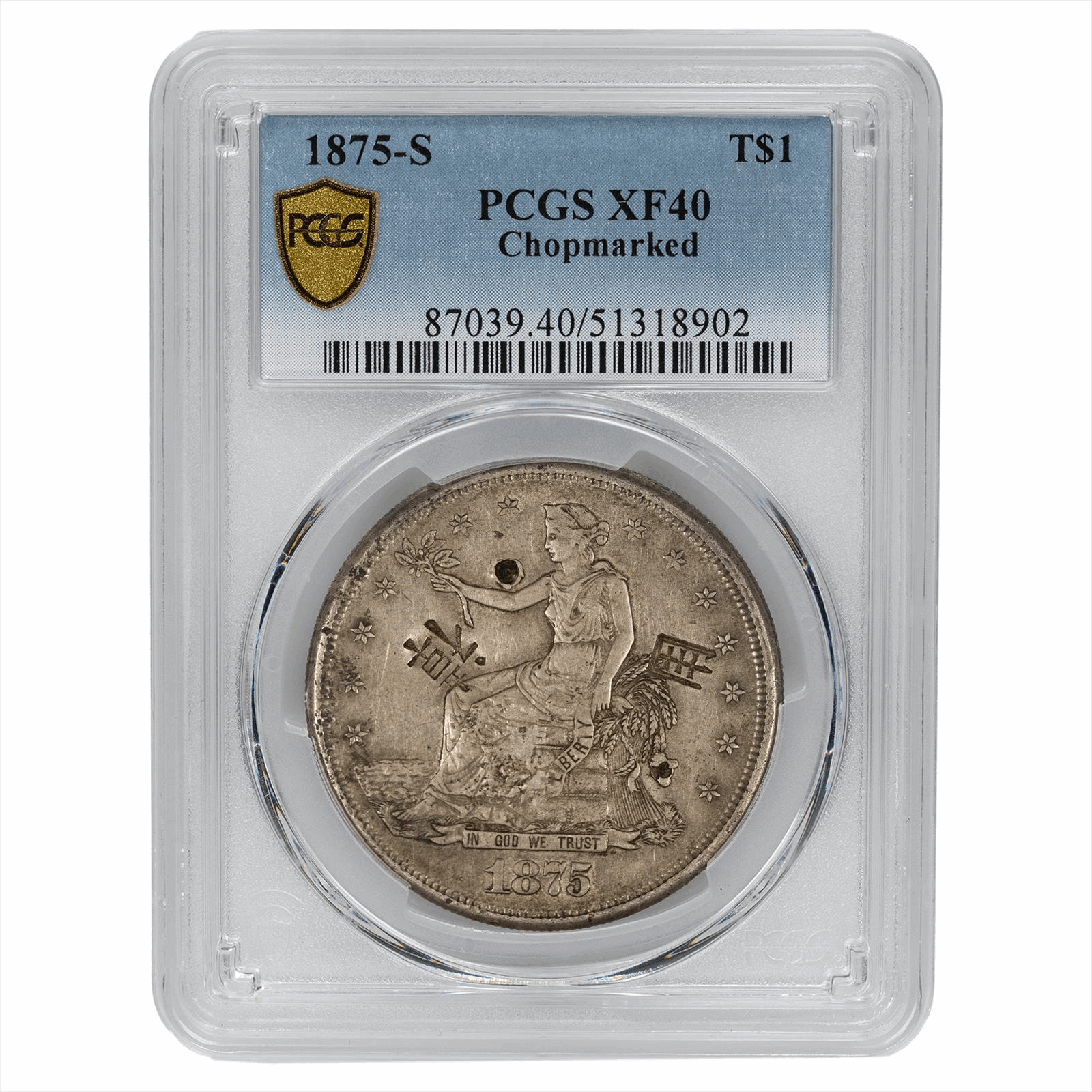 1875-S Silver Trade Dollar T$1 Chop Mark PCGS XF 40