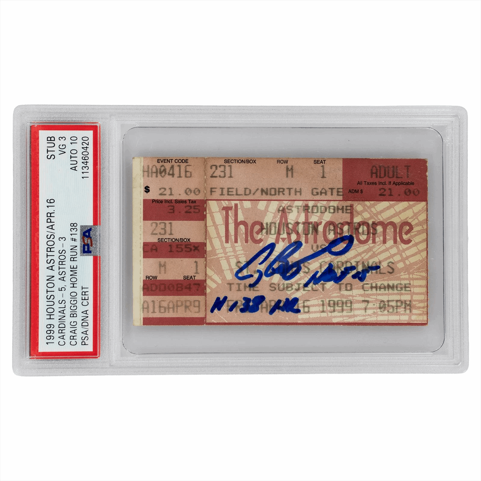 1999 Astros/APR. 16 Cardinals - 5, Astros - 3, Biggio HR #138 PSA/DNA VG 3 AUTO 10