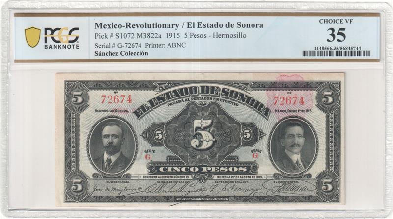 1915 5 Pesos Mexico-Revolutionary Sonora Pick #  S1072 M3822a PCGS VF 35 