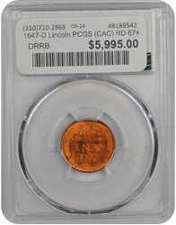 1947-D Lincoln PCGS (CAC) RD 67+