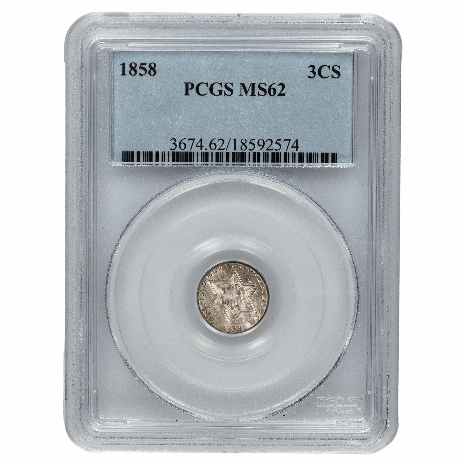 1858 Type 2 Three Cent Silver 3CS PCGS MS 62
