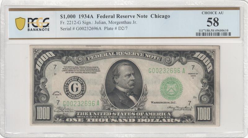 Fr. 2212-G 1934A $1,000 Federal Reserve Note Chicago PCGS Choice AU58 