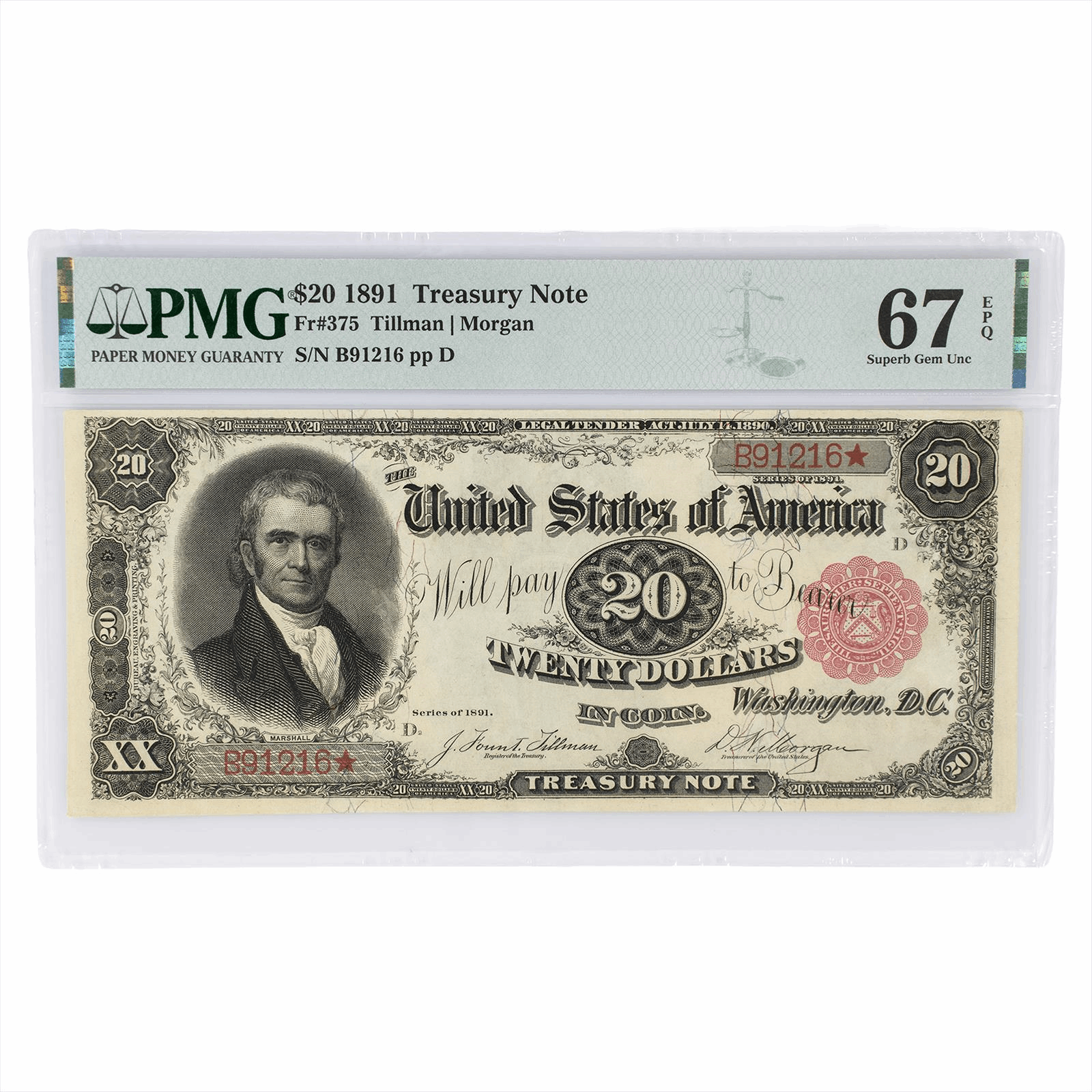 1891 $20 Treasury Note, Fr. 375, S/N B91216, PMG 67 EPQ -Sensational!!