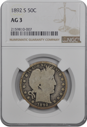 1892 S Barber Half Dollar NGC AG-3