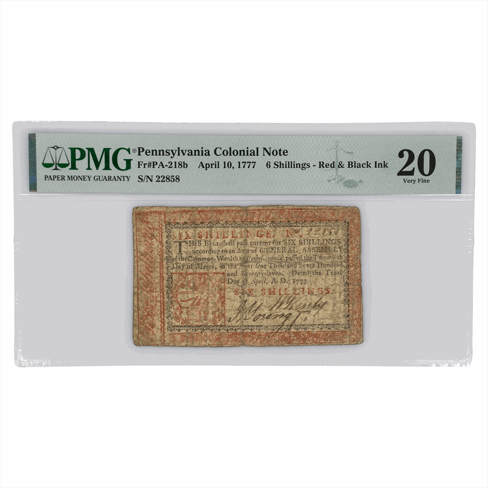 April 10, 1777 Pennsylvania Colonial 6 Shillings FR#PA-218b PMG VF 20