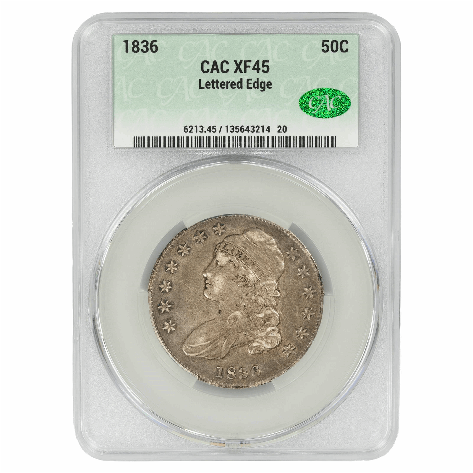 1836 Lettered Edge Capped Bust Half Dollar 50C XF 45 CAC