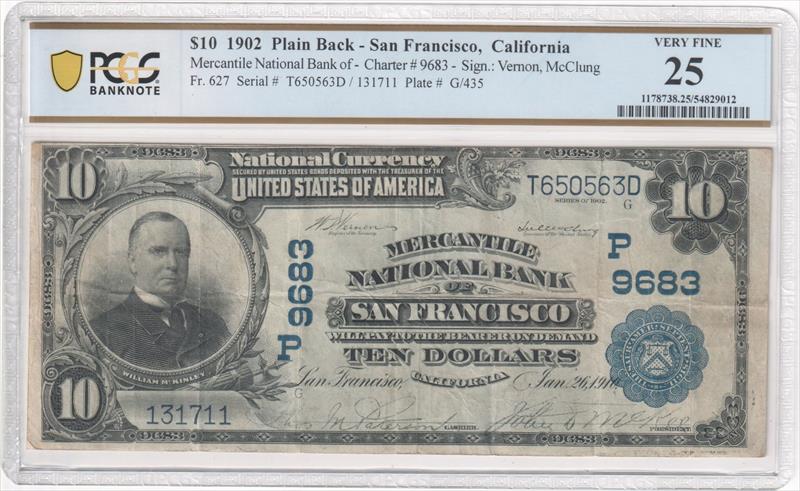 Fr. 627 1902 $10 Plain Back - San Francisco, CA #9683 PCGS VF25