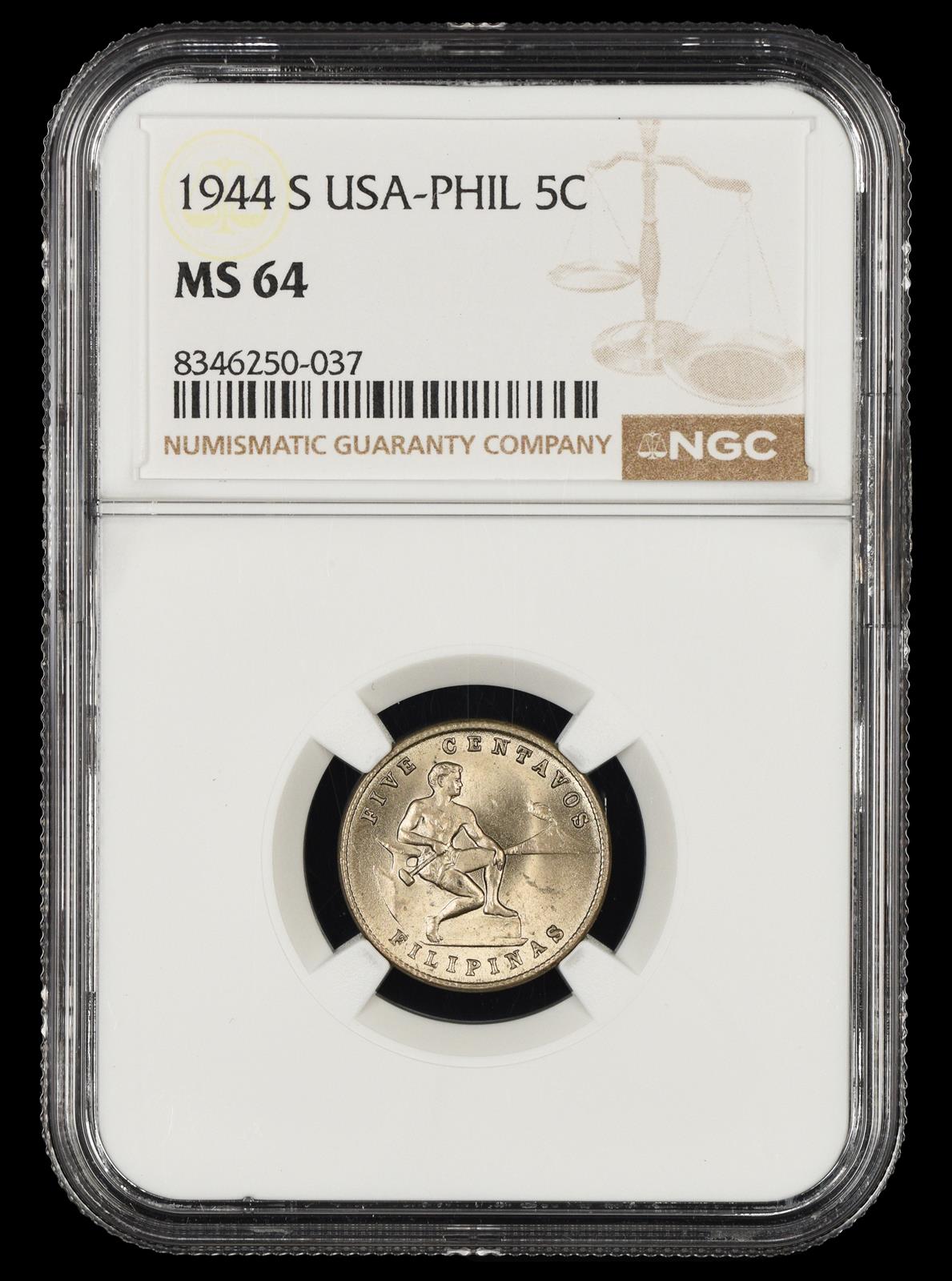 1944 S Philippines 5 Centavos NGC MS64