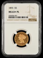 1893 $5 Gold NGC  MS63+PL