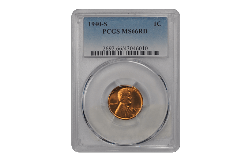 1940-S 1C Lincoln Cent - Type 1 Wheat Reverse PCGS RD #3461-5 MS66