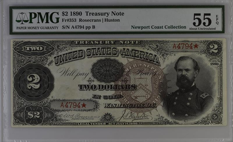 Fr. 353 1890 $2 Treasury Note PMG AU 55 EPQ 
