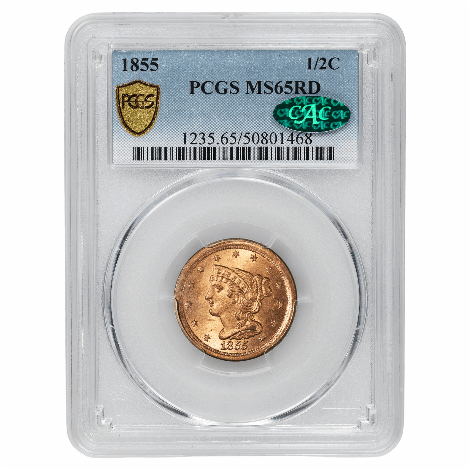 1855 Braided Hair Half Cent 1/2C PCGS MS 65 RD CAC