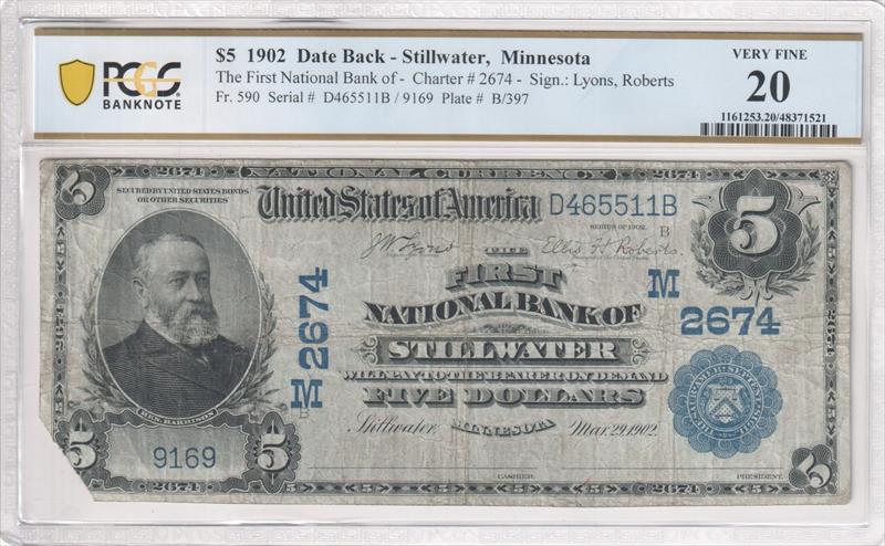 Fr. 590 1902 $5 The First National Bank of Stillwater 2674 Date Back PCGS VF20 