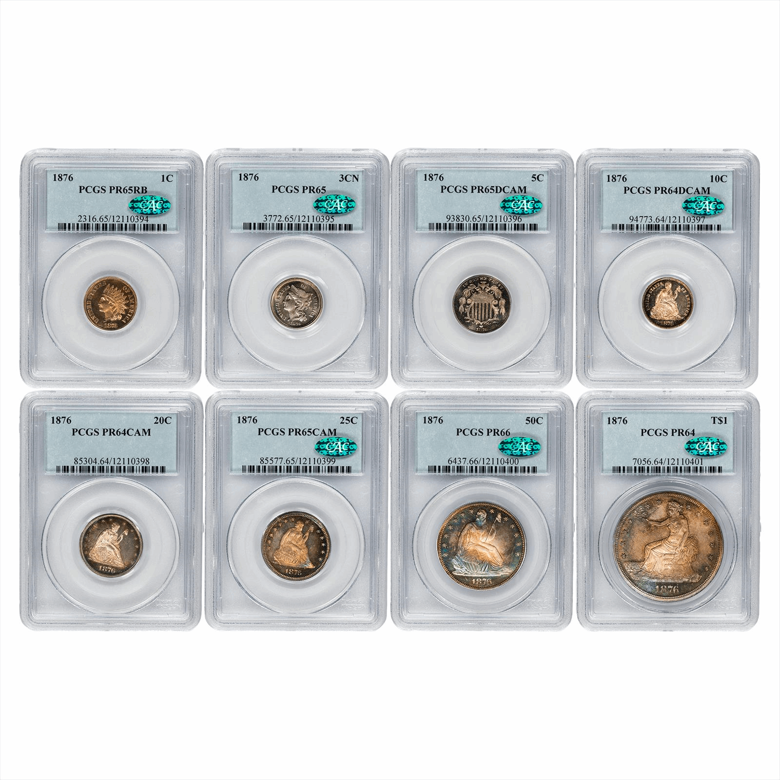 1876 Complete Proof Type Set PCGS PR 64-66 (7 CAC) 