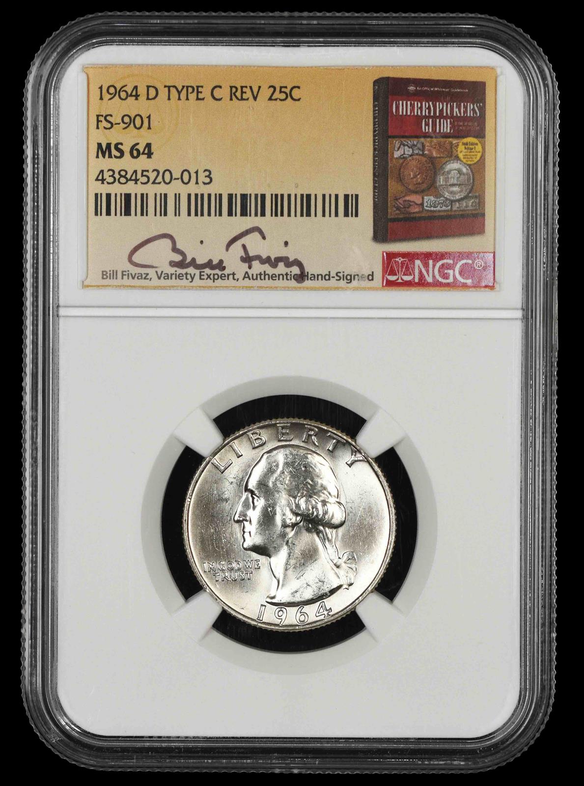 1964 D Washington Quarter NGC MS64 Type C Reverse FS-901 Bill Fivaz Signature Label MS64