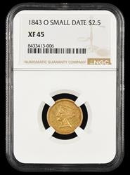 1843 O Small Date $2.5 Gold NGC XF-45