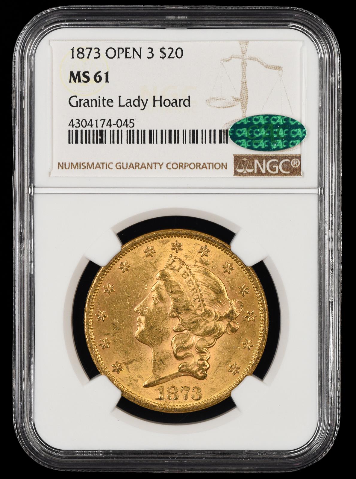 1873 Open 3 $20 Gold Granite Lady Hoard NGC MS61 CAC