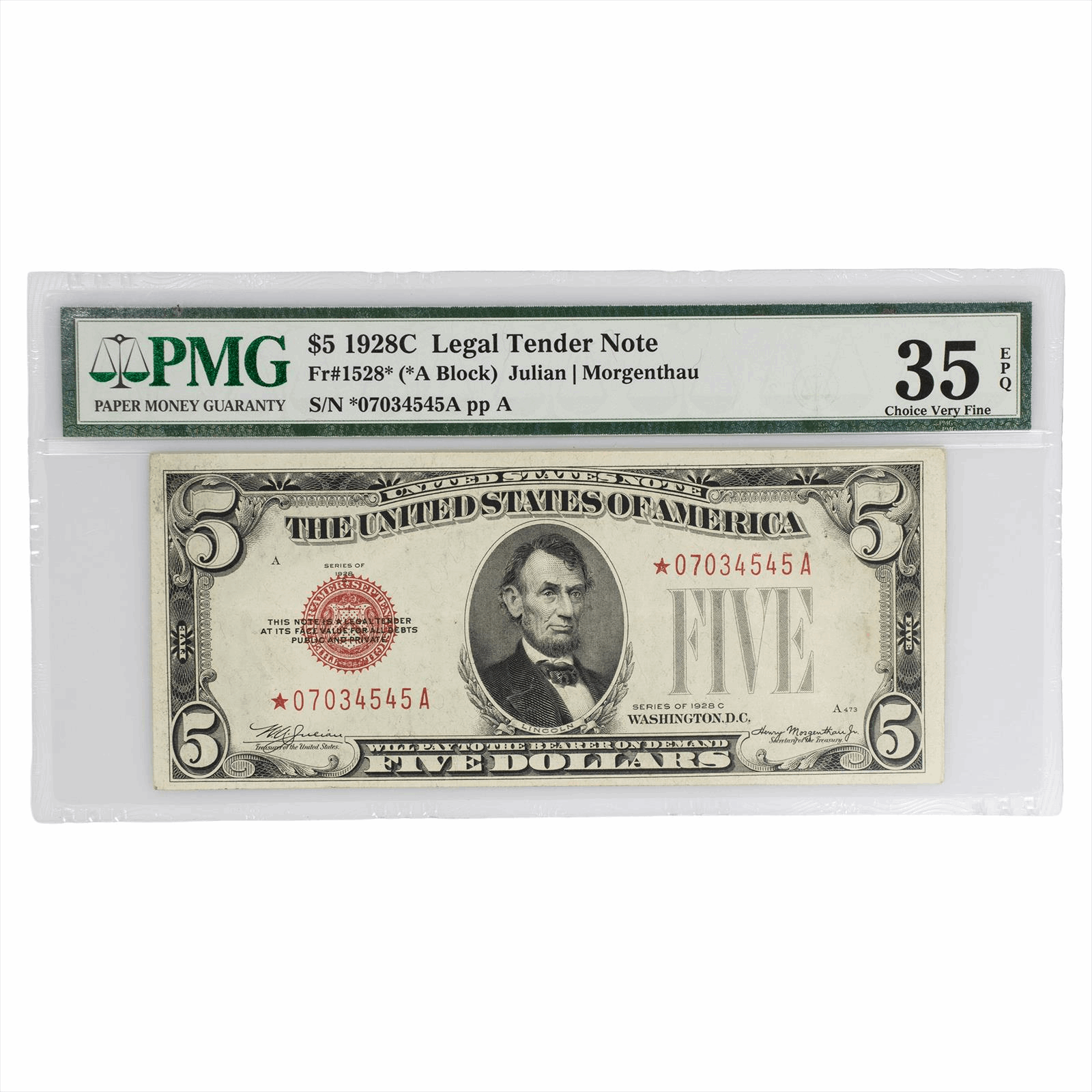 $5 1928C United States Note *07034545A 35EPQ