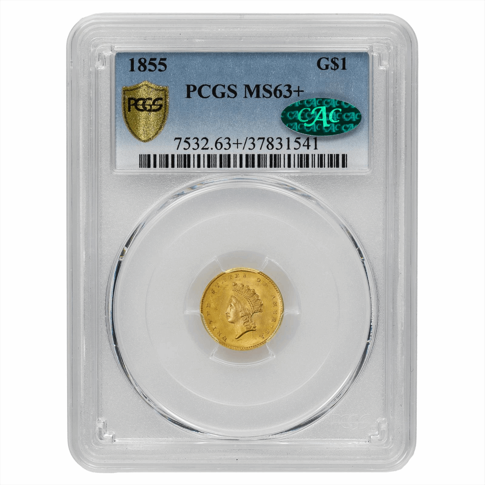 1855 Indian Princess Head Dollar G$1, PCGS MS 63+ CAC - Type - Second Year of the Type Two Design