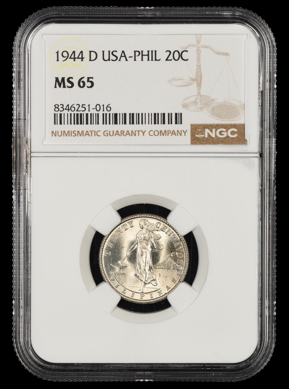 1944 D Philippines 20 Centavos NGC MS65