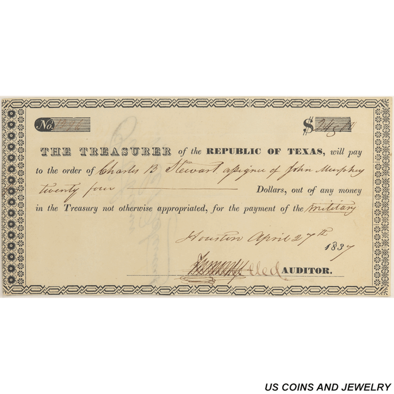 1837 $24 Republic of Texas Treasury Currency Warrant  Charles Stewart Signature