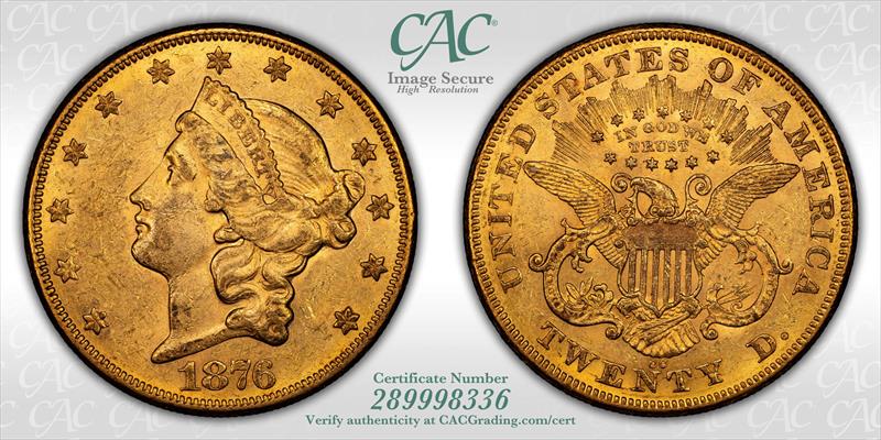 1876-CC $20 CACG AU-58