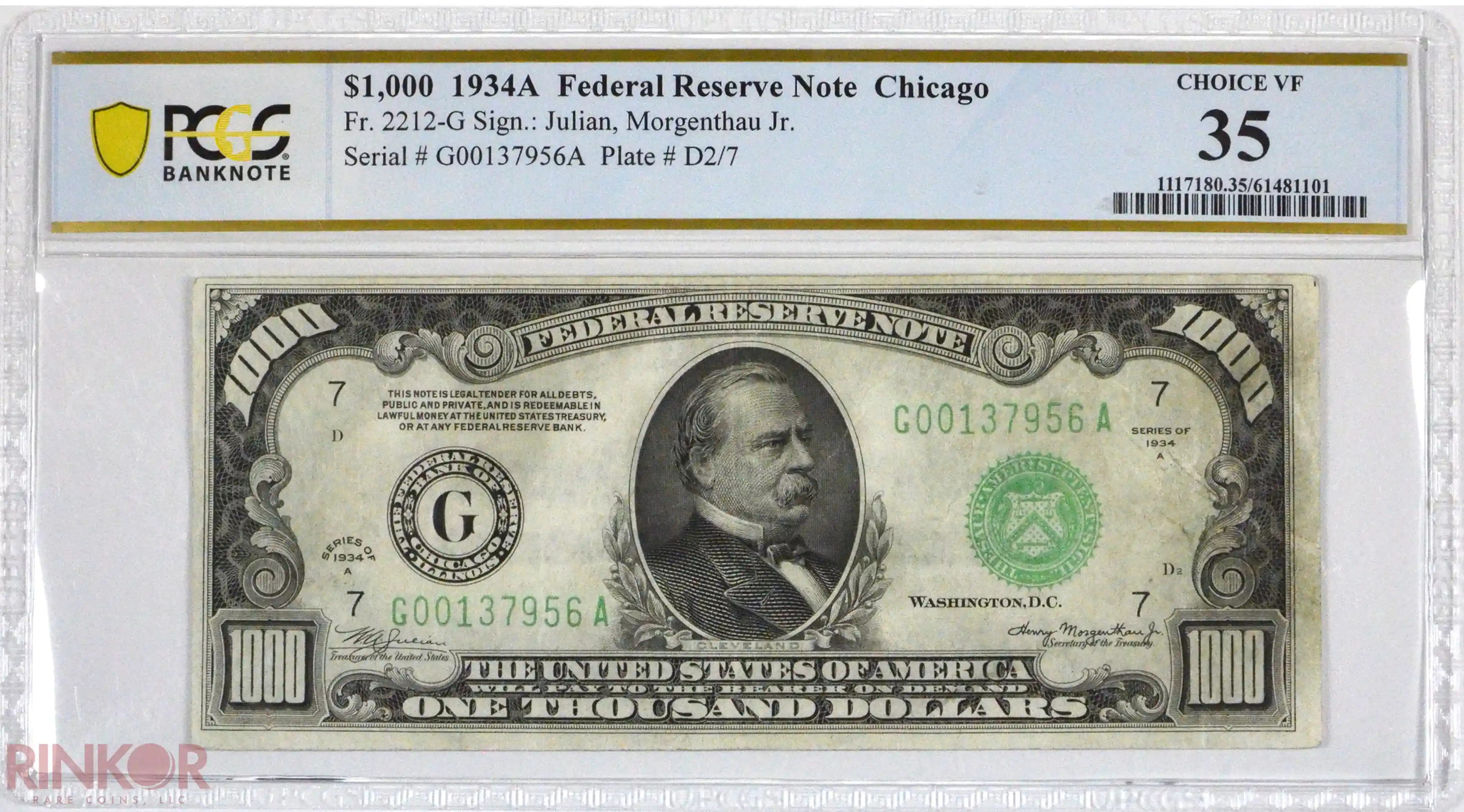 1934A $1000 Fr. 2212-G Federal Reserve Note PCGS VF-35