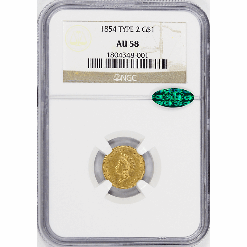 1854 G$1 Gold Indian Princess Head TYPE 2 - NGC AU58 CAC - Nice Original Coin