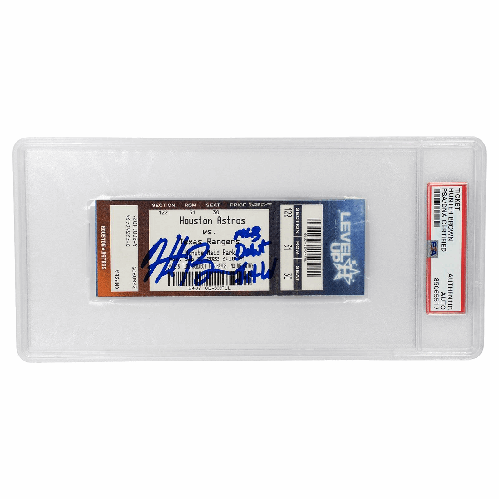 2022 Houston Astros HOU-1, TEX-0 Hunter Brown MLB Debut Signed Ticket 1st W PSA/DNA AUTHENTIC AUTO