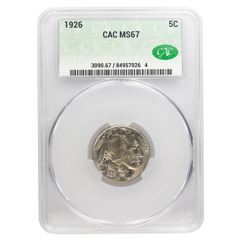 1926 Buffalo Nickel 5C CACG MS 67, CAC Certified Green