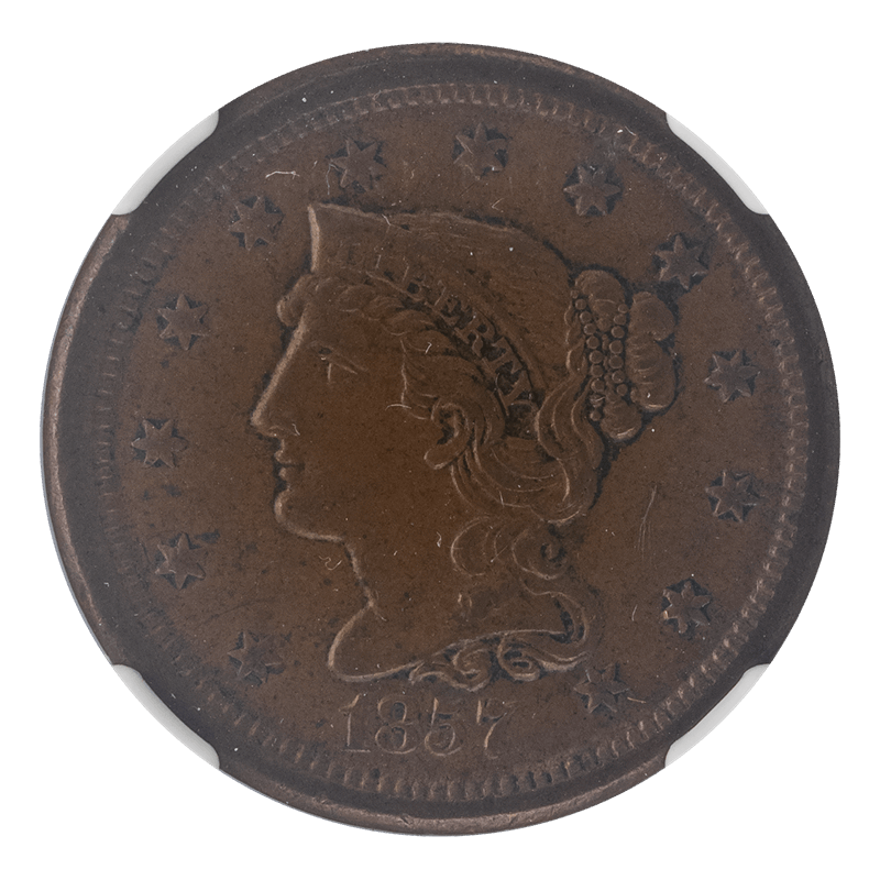 1857 Braided Hair Large Cent, Small Date, NGC AU 55 BN - Nice Original Coin