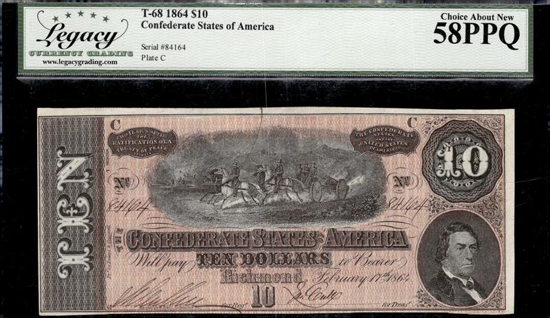 T-68 19864 $10 Confederate States of America Choice About New 58PPQ 