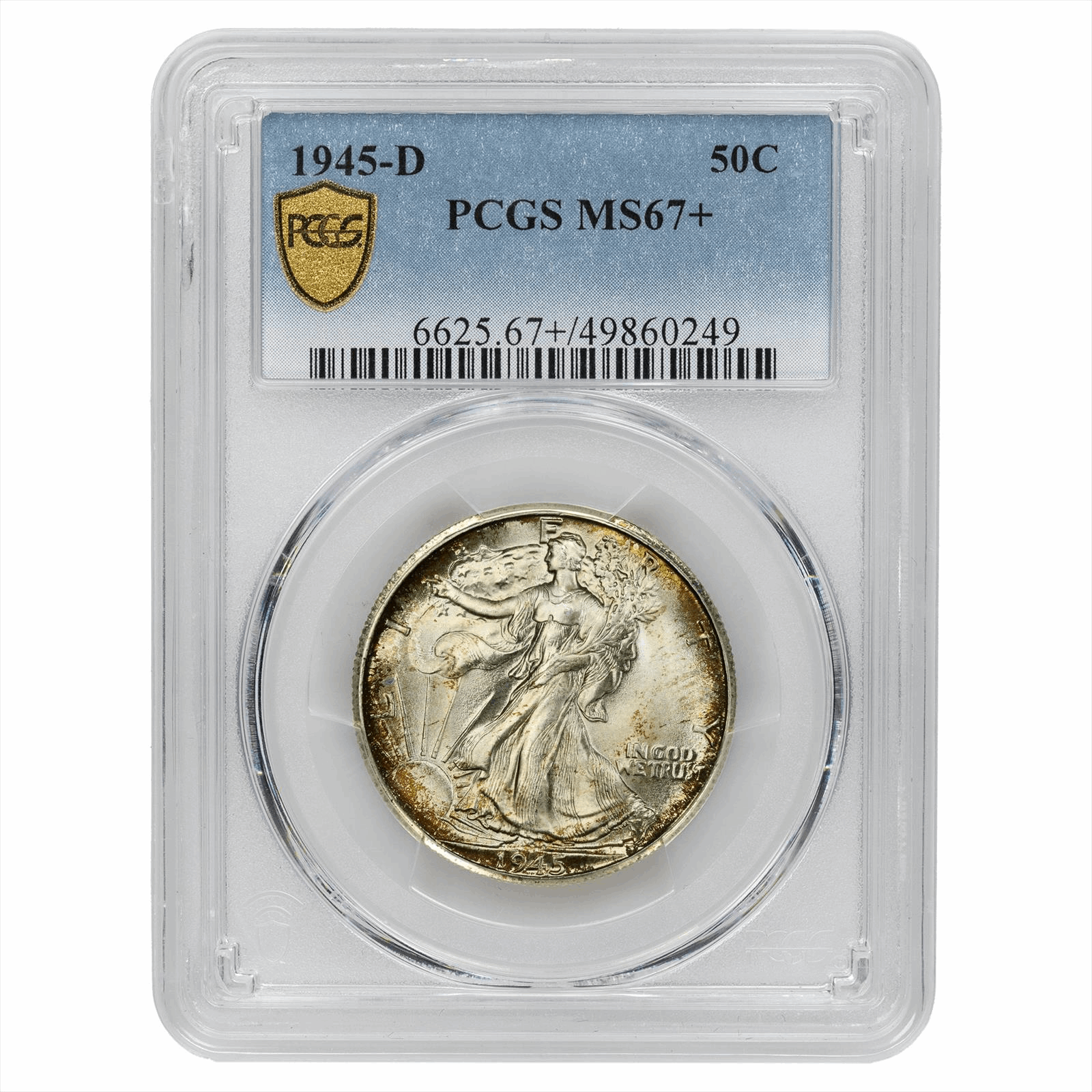 1945 D Walking Liberty Half Dollar 50c, PCGS MS 67+ Lovely Toning 