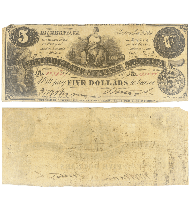1861 $5 CSA Note, Commerce Seated on Bale of Cotton; Sailor on Left, T-36 - Fine